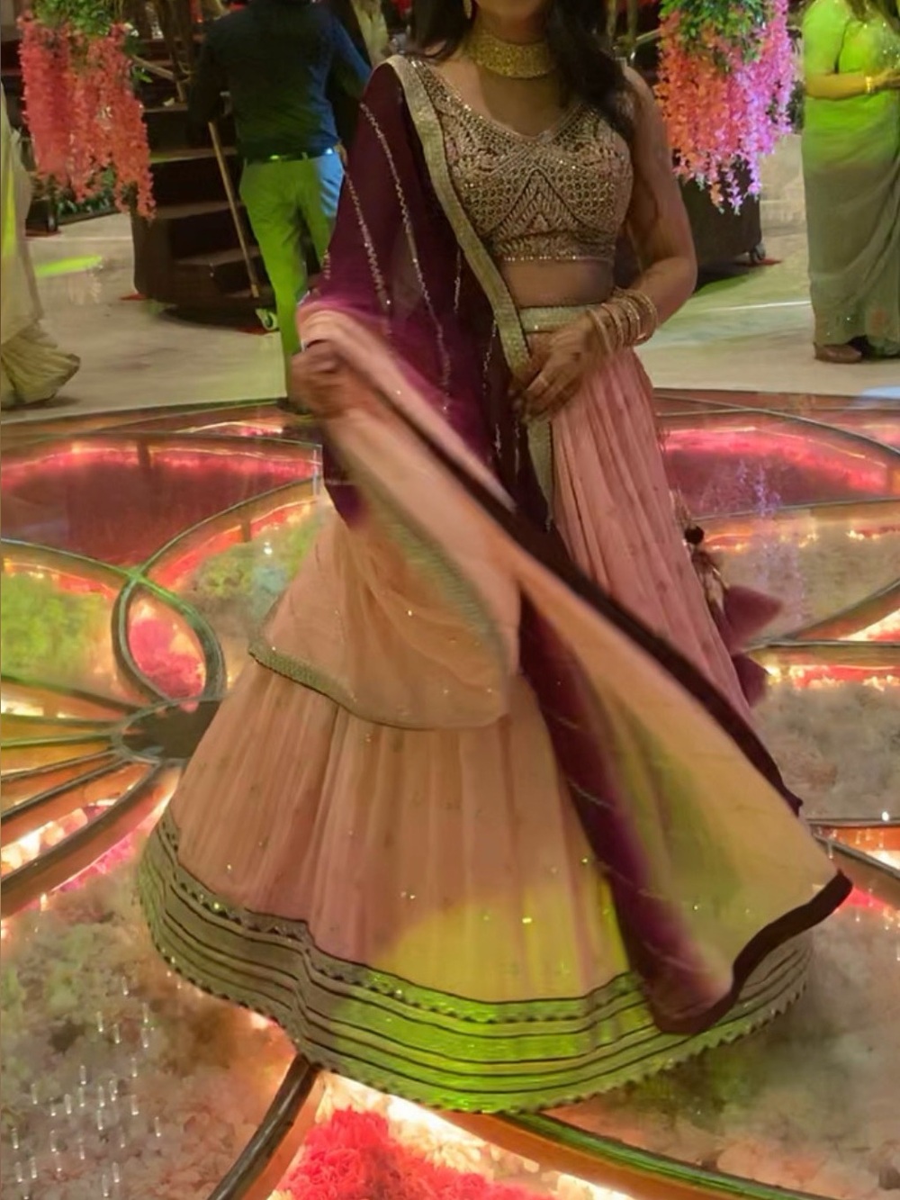 Pink and Maroon Embroidered Lehenga Skirt with Dupatta